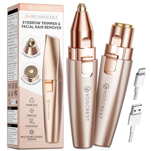 VG VOGCREST Eyebrow & Facial Trimmer: 2 in1 Rechargeable Facial Hair Removal & Eyebrow Shaver - Body Razor with Built-in LED Light (Rose Gold)