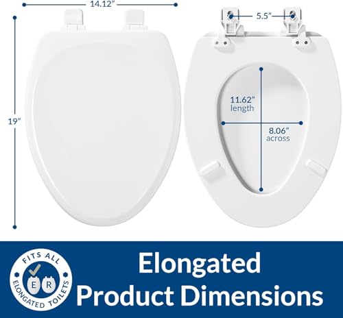 Mayfair Linden Slow Close Toilet Seat, Non Slip Heavy Duty Wood, Easy Install, Elongated, White
