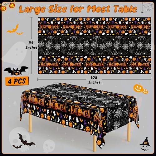 4 Pack Halloween Tablecloth 54 x 108 Inch Pumpkin Spider Web Table Cover | Disposable PE3 Plastic Tablecloth, Waterproof Tablecover for 6-8 Foot Tables, Halloween Pumpkin Decorations Party Tableware