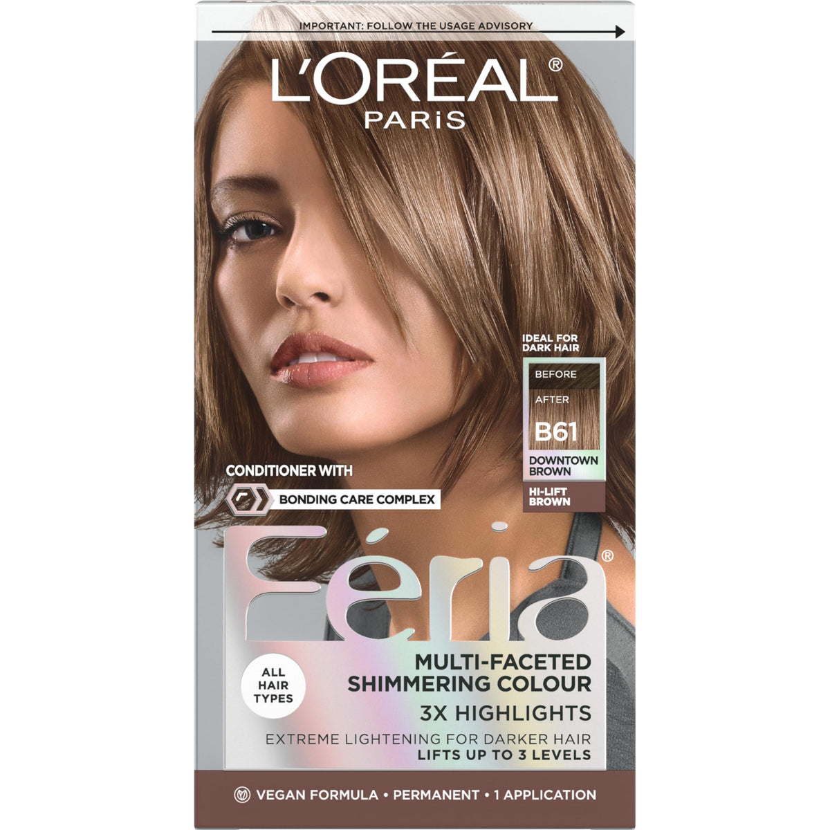 L'Oreal Paris Feria Multi-Faceted Shimmering Permanent Hair Color, B61 Downtown Brown (Hi-Lift Cool Brown), 1 Hair Dye Kit
