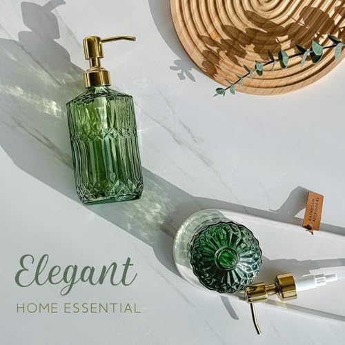 JASAI 18Oz Green Glass Soap Dispenser with Gold Rust Proof Pump