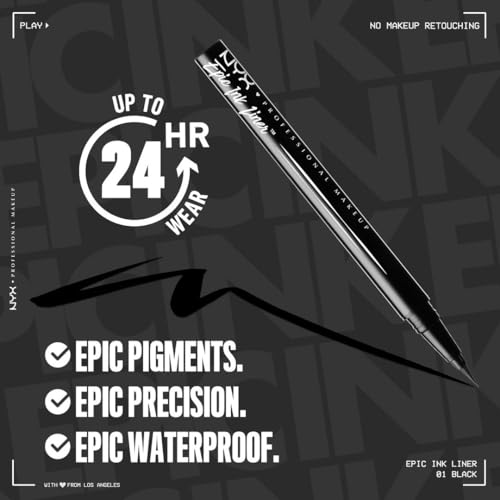 NYX PROFESSIONAL MAKEUP Epic Ink Eyeliner with Up To 24HR Wear, Black | Liquid Eyeliner with Waterproof, Smudge-proof & Transfer-Resistant Formula, Vegan & Cruelty Free