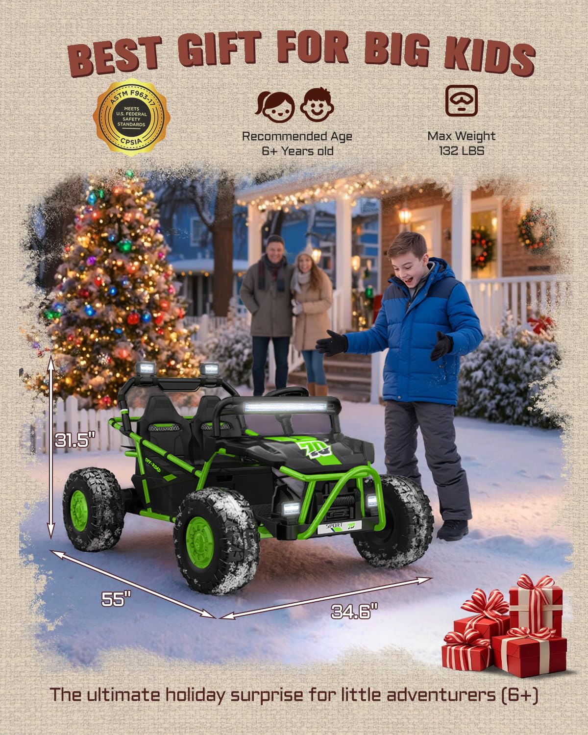 First Ride On 36V Kids Ride On UTV, 2-Seater 400W Electric Car for Kids 6+, 5-8 MPH Speed, 14" EVA Wheels, Metal Frame, Bluetooth Music, Rear Metal Suspension Off-Road Vehicle (Green)