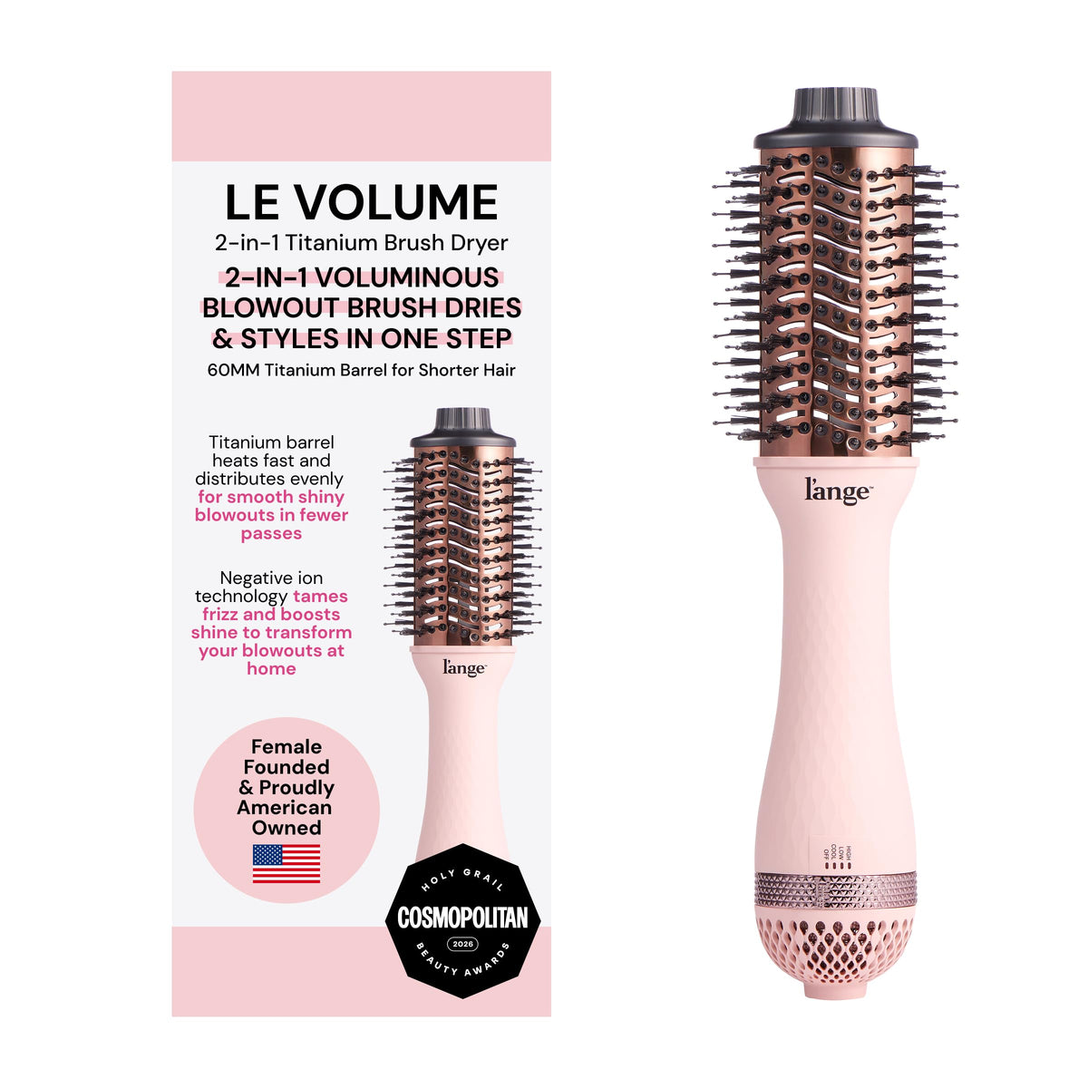 L'ANGE HAIR Le Volume 2-in-1 Titanium Blow Dryer Brush | Frizz Control Blowout Hair Dryer Brush for Drying and Styling | Volumizing Hot Air Styler for All Hairstyles | Oval Barrel | Blush - 60mm