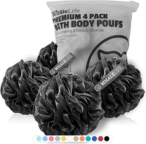 WhaleLife Bath Loofah Sponge for Shower - Body Scrubber 4-Pack Black
