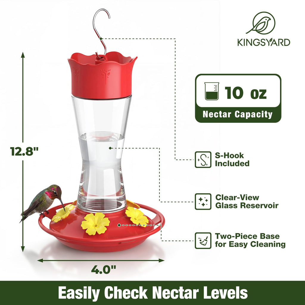 Kingsyard 2-Pack Glass Hummingbird Feeder for Outdoors Hanging, 10 oz Leak-Proof Humming Bird Feeders with Ant Moat & Bee Proof Feeding Ports, Hummingbird Gift for Bird Lovers (Clear)