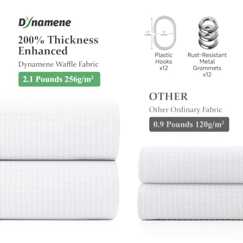 Dynamene Waffle Shower Curtain 256 GSM Heavy Duty Fabric 72"x72" White | Thick Textured Cloth, Weighted Hem, Water Repellent Washable, Hotel Luxury Polyester Shower Curtain Set for Bathroom 12 Hooks