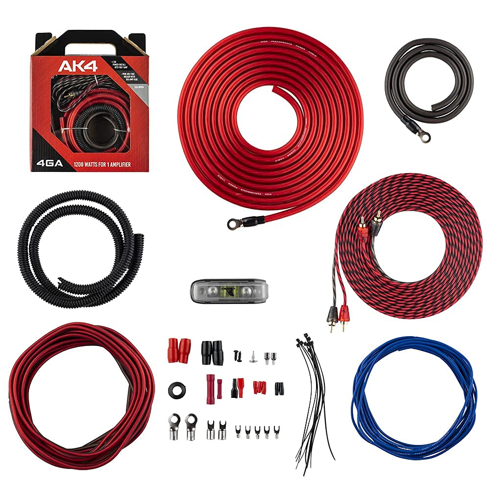 DS18 AK4 Complete 4 Gauge CCA Amplifier Installation Wiring Kit - Ampkit Helps Make Connections, Brings Power to Your Radio, Subwoofers, Speakers with Super Flex Wire - 1200W for 1 Amplifier