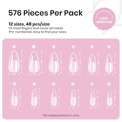 Beetles Medium Almond Nail Tips 576pcs 12 Sizes Pre-Etched Soft Gel Tips | Half Matte Full Cover Press on False Nail Tips Acrylic Nails DIY Extension Gift for Women