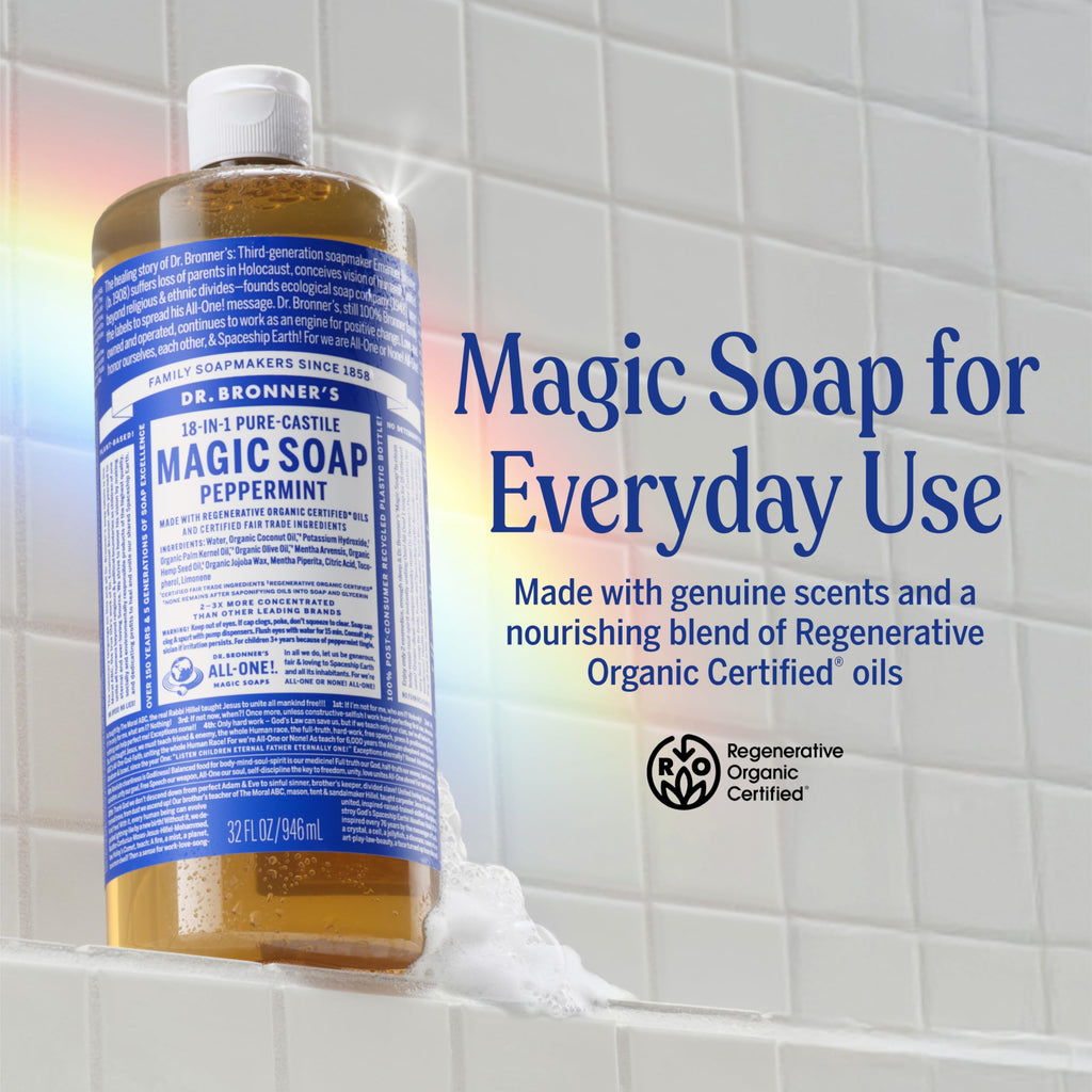 Dr. Bronner's Peppermint Pure-Castile Liquid Soap, Hand Soap, 32 oz | 18-in-1 Uses: Body Wash & Hand Soap for Men and Women, Shampoo, Face, Laundry, Floors, Cars, Pets - Fair Trade & Organic Oils