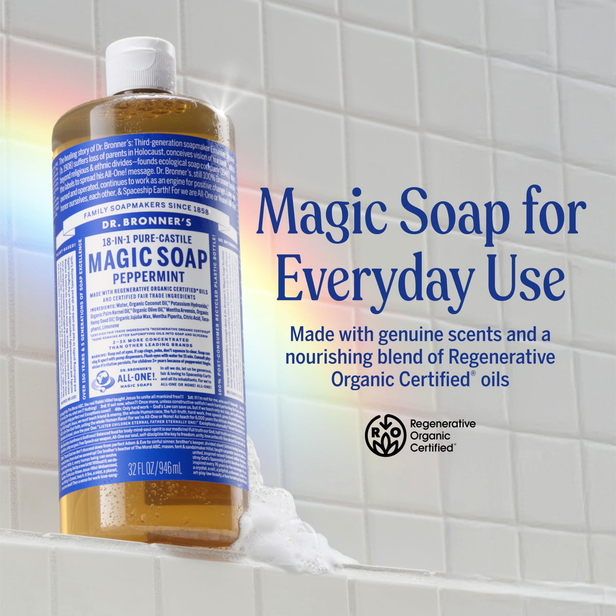 Dr. Bronner's Peppermint Pure-Castile Liquid Soap, Hand Soap, 32 oz | 18-in-1 Uses: Body Wash & Hand Soap for Men and Women, Shampoo, Face, Laundry, Floors, Cars, Pets - Fair Trade & Organic Oils