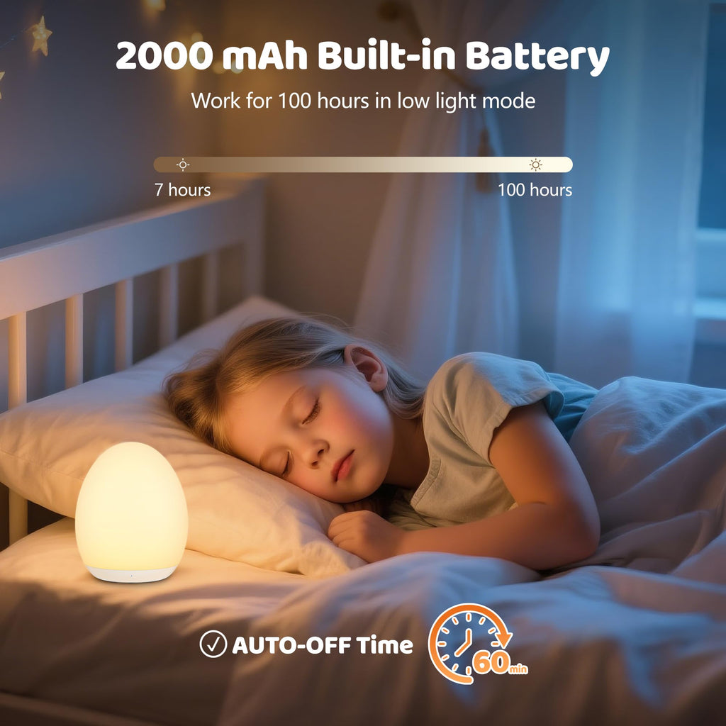 MediAcous Night Light for Kids, 7 Colors Changing Egg Light for Nursery | Stepless Dimming, Soft Silicone Touch Night Lamp with 1 Hour Timer, Rechargeable Nursery Night for Breastfeeding