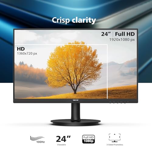Philips 24 Inch Computer Monitor FHD 100Hz VA VESA Flicker-Free, 241V8LB | 1920×1080 LED Monitor, 4ms GtG, Adaptive Sync, HDMI 1.4, Tilt Adjust, Low Blue Light, 4yr Advance Replacement Warranty