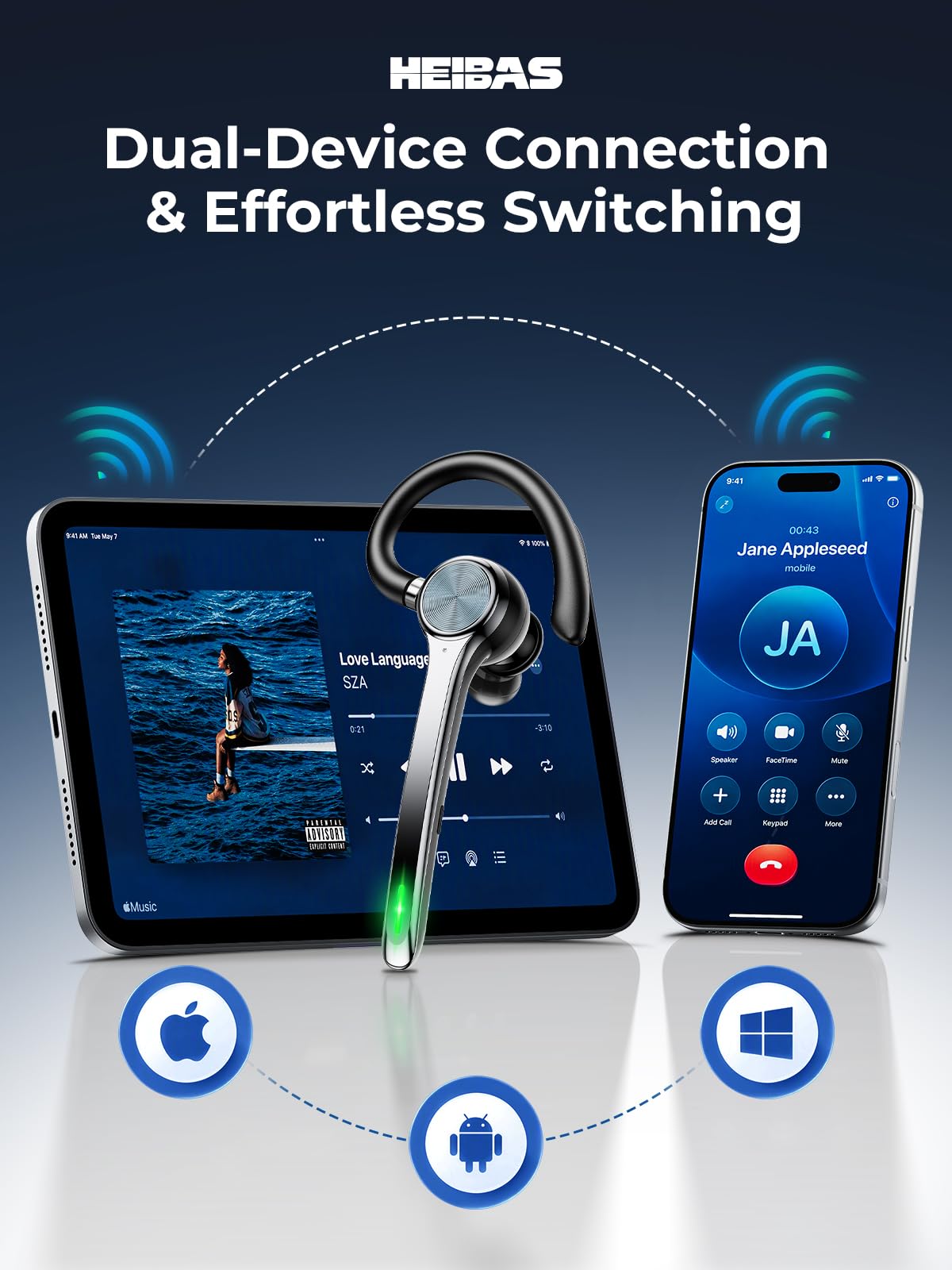 HEIBAS Bluetooth Headset, Wireless Earpiece with Mic for Work | 72H Playtime, 500mAh Charging Case, Hands-Free Calling with Mute Button for Work, Trucker, Office, Driving, iPhone, Black