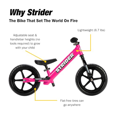 Strider 12 Sport, No Pedal Balance Bike for Kids Ages 1–4 Years, Pink | No-Pedal Balance Bike for Toddlers, Safety Pad, Adjustable Seat and Handlebars Lightweight Frame, Never-Flat Tires