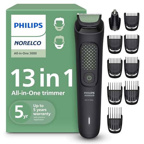 Philips Norelco All-in-One 3000 13-in-1 Trimmer, Face & Hair, Comfort Tips | Men's Complete Grooming Kit, Comfort Blades, 9 Length Settings, Beard & Hair Styling, Nose & Ear Trimmer, 60-Minute Runtime