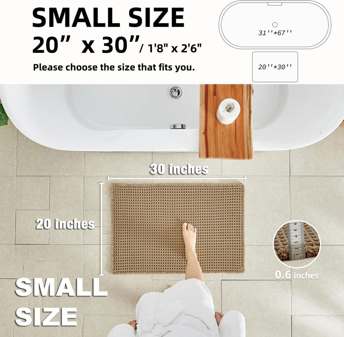 TYUU Waffle Bath Mat, Boho Bathroom Rugs Non Slip Washable, 30x20 Khaki | Super Absorbent Quick Dry Bath Rug, Non-Slip Backing, Soft Waffle Boho Farmhouse Bathroom Mats, Tub, Shower & Home Decor