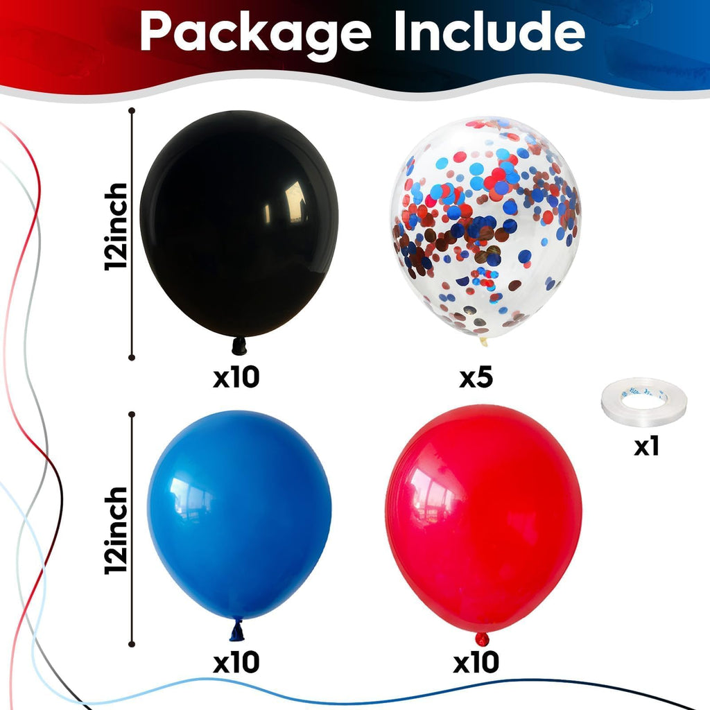 12 Inch Red Blue Black Balloons for Spider Cool Man Birthday Decorations | Royal Blue Red Black Helium Latex Balloon Kit for Boys Spider Halloween Theme Decor Super Men Hero Party Decoration Supplies