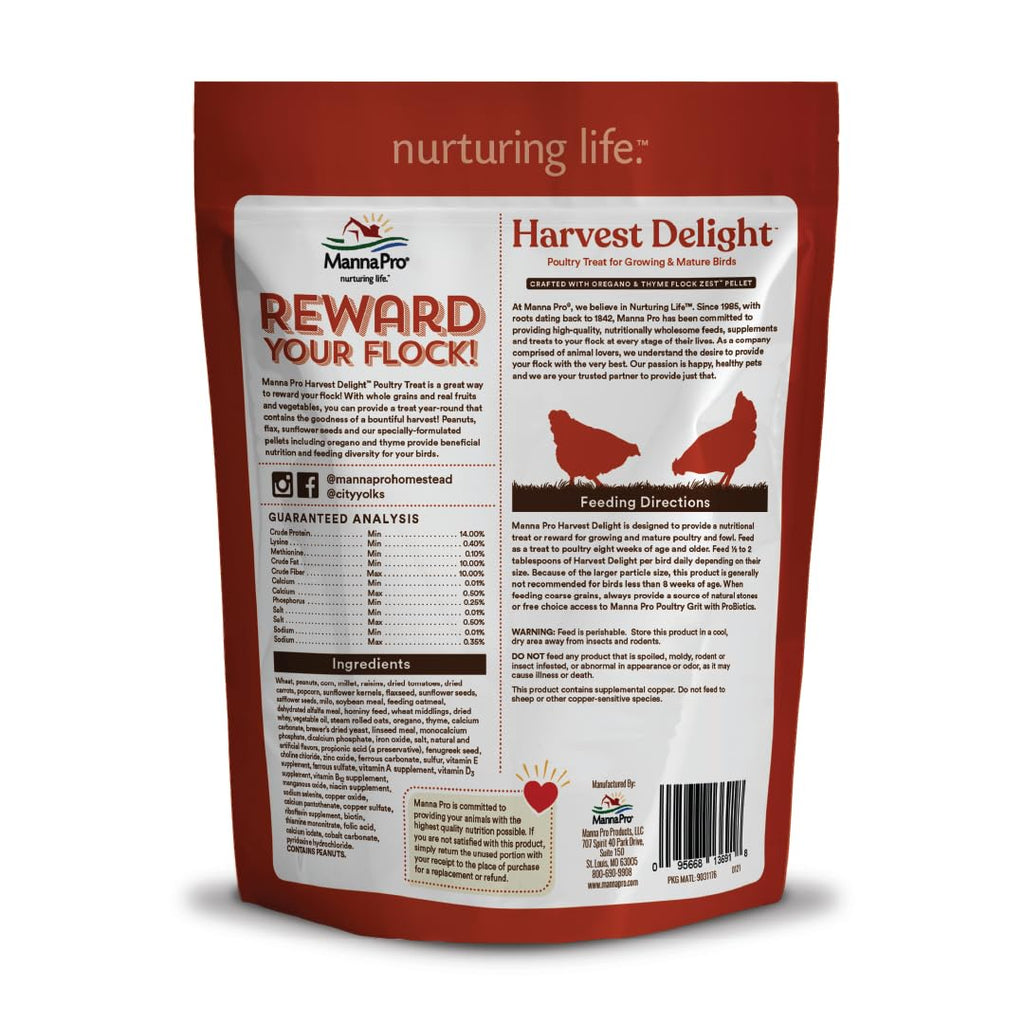 Manna Pro Harvest Delight Poultry Treat, Whole Grain & Seed Mix with Fruits & Vegetables, 14% Protein Snack for Chickens, Ducks & Mixed Flocks, 2.25 lb