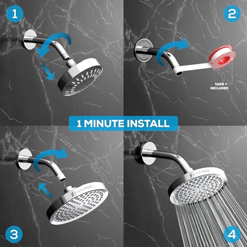 SparkPod Rain Shower Head, 6 Inch Round, Luxury Polished Chrome Finish | High Pressure Shower Heads, 90 Nozzles, Adjustable Showerhead, No Tools Needed, Universal Connection