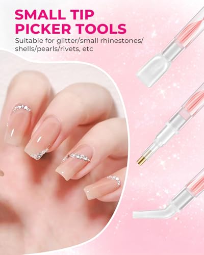 Rhinestone Picker Tool Kit: 2Pcs Rhinestone Picker Handle, Dual-Ended Rhinestones Applicator Dotting Pen with 12 Upgraded Plastic Replacement Tips, Clay, Bedazzling Tools for Nail Art Craft (Pink)