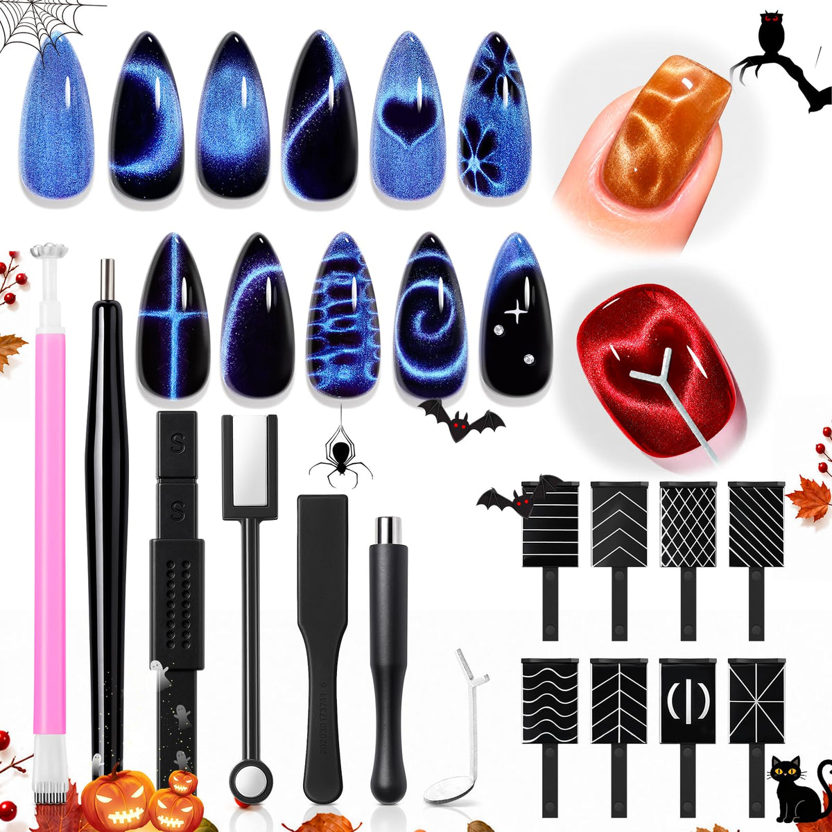 modelones Cat Eye Magnet 15PCS Brown Cat Eye Gel Polish Nail Stuff, Multi-shape Heart Moon Flower Square Effects with Bead-Attracting Nail Art Tool, UV/LED Lamp Required, DIY Halloween Nail Art