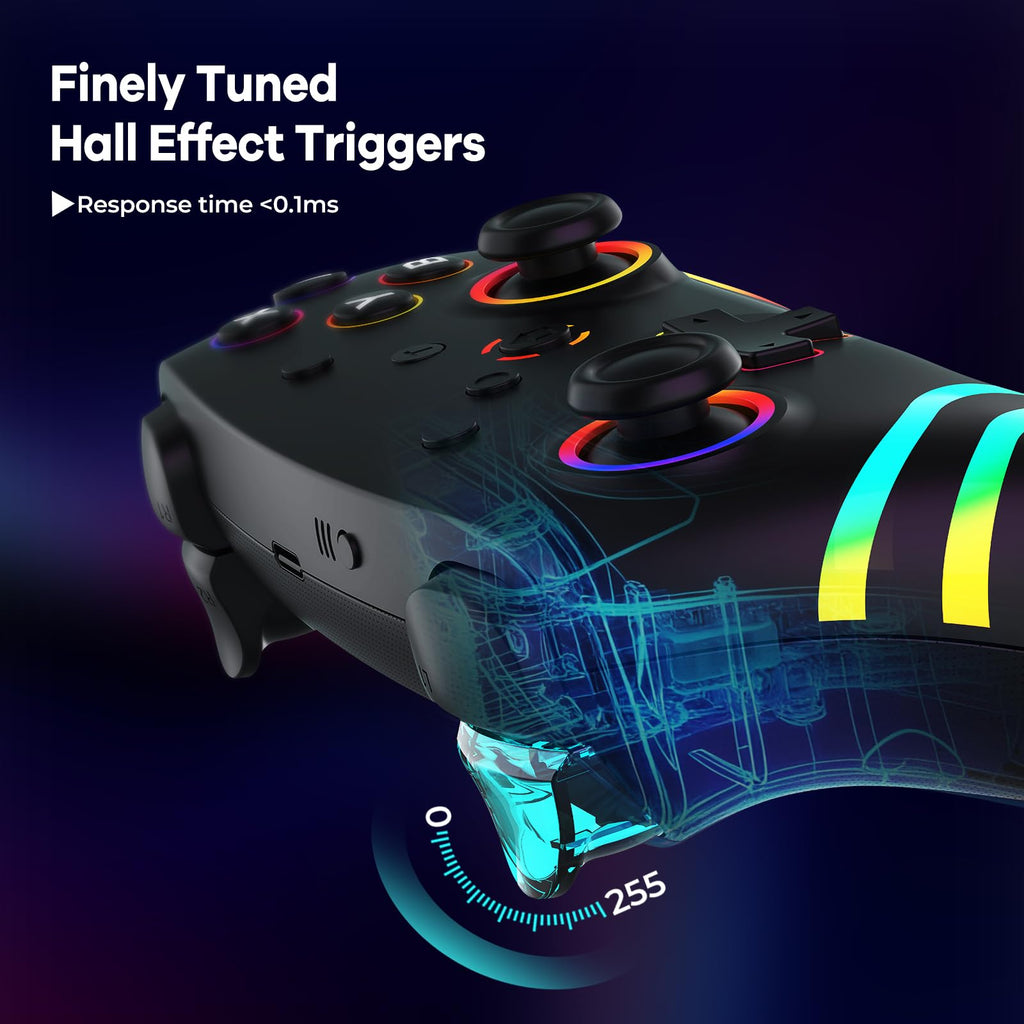 MYSTILUCK Wireless Pro Controller for Switch/Switch 2/Lite/OLED/PC | Gamepad with 7 Color-Changing RGB Lighting/Dual Vibration/6-Axis Gyroscope/Turbo, Ergonomically Designed Precise Joystick