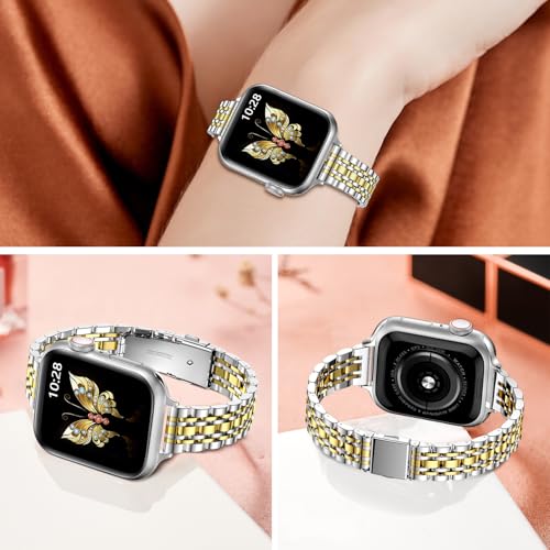 MioHHR Slim Metal Band Compatible with Apple Watch Bands 42/41/40/38mm | Thin Luxury Stainless Steel iWatch Bands Series 12/11/10/9/8/7/6/5/4/3/2/1/SE3/SE2/SE for Women,Silver/Gold