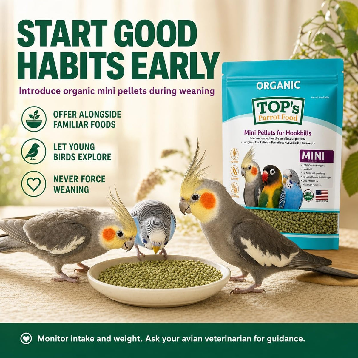 TOP's Mini Parrot Pellets 1 lb, USDA Organic Certified, Non-GMO Bird Food