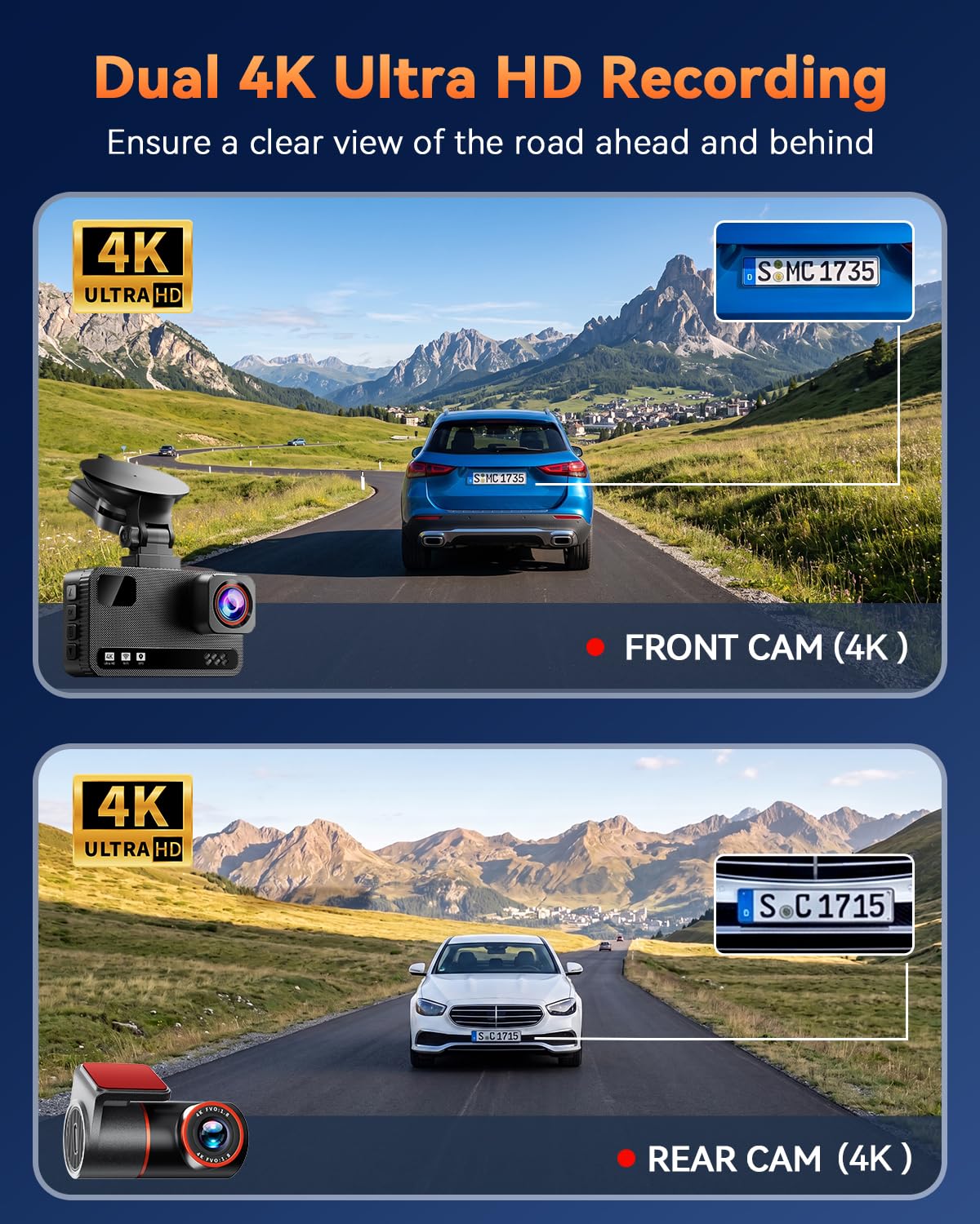 4K+4K Dual Dash Cam Front and Rear, Free 128GB Card, Starlight Night Vision | Dual-Channel Recording, 5.8GHz WiFi, 20MB/s Download Speed, GPS, 3" IPS Screen, Collision Sensor, 24H Parking Mode