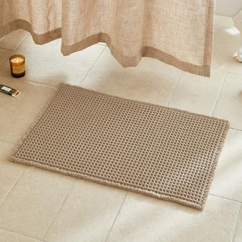 TYUU Waffle Bath Mat, Boho Bathroom Rugs Non Slip Washable, 30x20 Khaki | Super Absorbent Quick Dry Bath Rug, Non-Slip Backing, Soft Waffle Boho Farmhouse Bathroom Mats, Tub, Shower & Home Decor