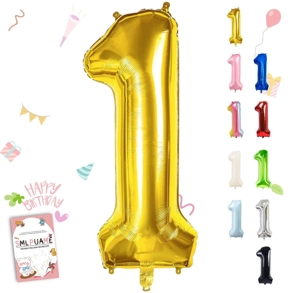 Smlpuame 40 Inch Gold Number 1 Balloon, 1st Birthday Decoration Boys Girls | Large Self Inflating Number Balloons, Mylar Foil Helium Balloon for Women Men Party Anniversary Supplies Reusable