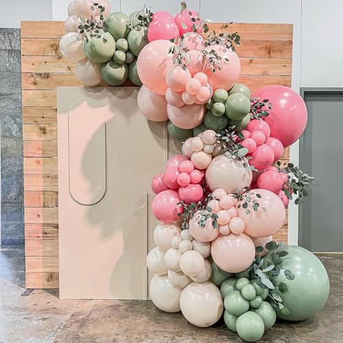 Sage Green Balloons for Boho Baby Shower Fairy Birthday Party Decorations | 60Pcs 12Inch Pink and Green Balloons Include Sage Green Pink Sand White Gold Confetti Balloons, Bridal Shower Decorations