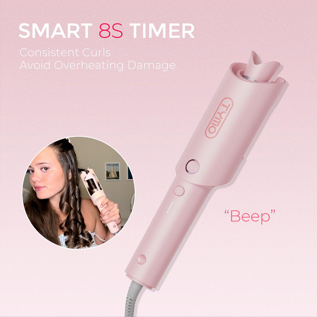 TYMO Automatic Rotating Curling Iron, TYMO CURLPRO Beach Waves Hair Curler | 500 Million Ionic Curling Wand, Dual Voltage, Portable Lightweight for Travel, Ceramic Coating, 1 Inch, Pink