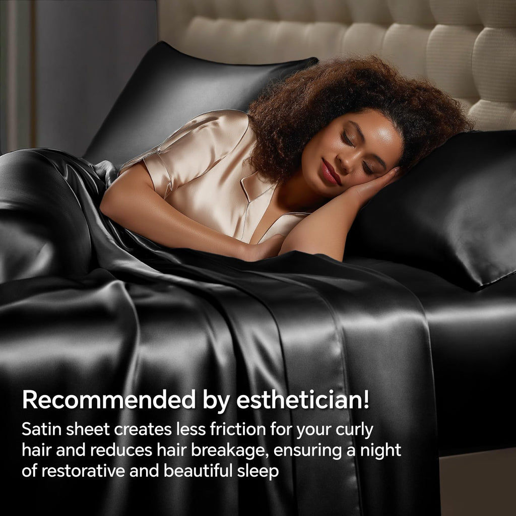 BEDELITE Satin Sheets Queen Size Bed Set, Black, 4 Pieces | Luxury Silky Bed Sheets, 15 Inch Deep Pocket, Similar to Silk, Soft and Cooling, Reduces Friction, Gentle on Hair and Skin