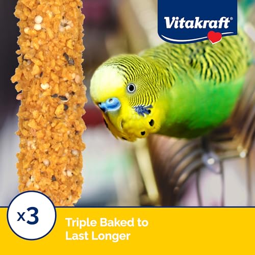 Vitakraft Crunch Sticks Parakeet Treat Vrty Pk Orange/Egg/Banana-3 Sticks | Variety Flavor Coating, Baked Crispy Mix, Natural Wood Center, Encourages Foraging Chewing, 3 Count Pack