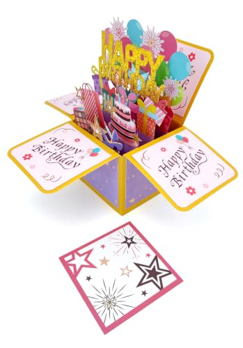 ROBBEAR Funny Happy Birthday Pop Up Card, Sweet 3D Birthday Gift Box for Adults and Kids with Envelopes, Unique Handmade Foldable Celebration Cards for Daughter, Son, Mom, Dad, Friend