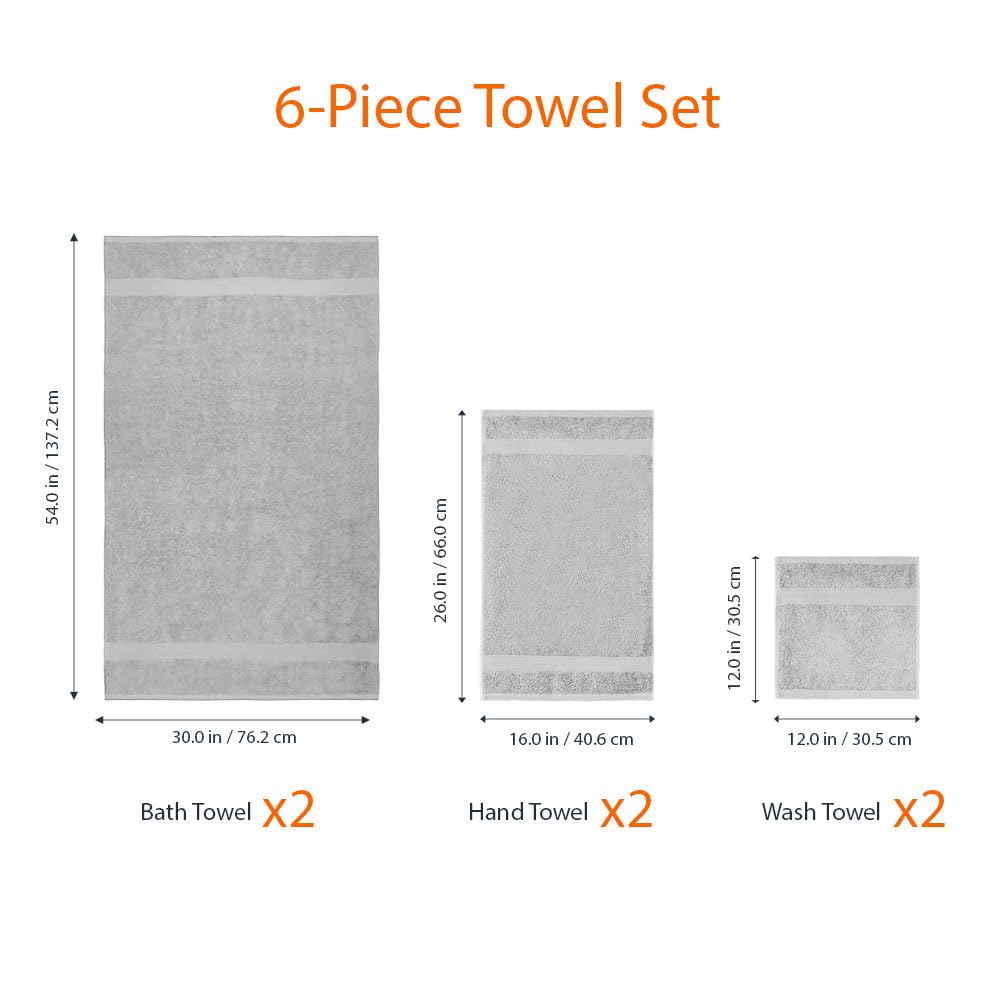Amazon Basics 6-Piece Fade-Resistant 100% Cotton Towel Set for Bathroom, Soft and Absorbent, 2 Bath Towels, 2 Hand Towels, 2 Washcloths, Gray