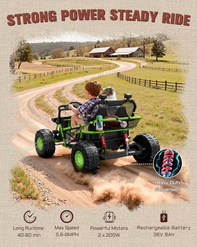 First Ride On 36V Kids Ride On UTV, 2-Seater 400W Electric Car for Kids 6+, 5-8 MPH Speed, 14" EVA Wheels, Metal Frame, Bluetooth Music, Rear Metal Suspension Off-Road Vehicle (Green)