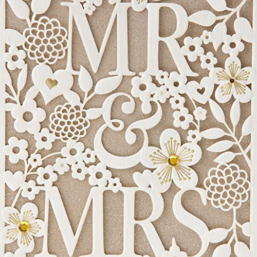 Hallmark Wedding Card (Mr. & Mrs.) | Die-cut Floral and Heart Pattern, Glittery Gold Backdrop, Envelope Included, High Quality Paper, Card Measures 5.8" X 8.3"