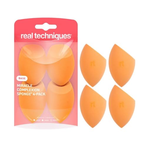 Real Techniques Miracle Complexion Sponge, 4 Pack, Makeup Blending Sponges | Makeup sponges for foundation, 3-point design, foundation applicator, latex-free beauty sponge