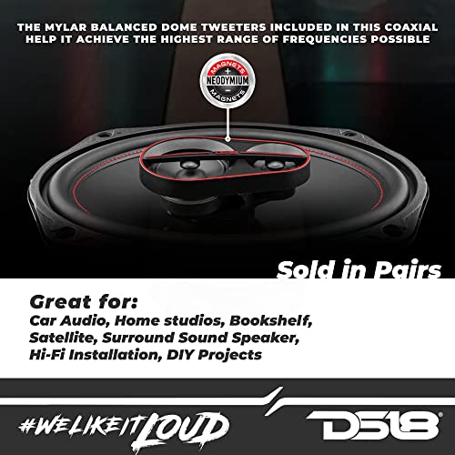 DS18 G6.9Xi GEN-X 6x9 3-Way Coaxial Speakers 180 Watts 4-Ohm with Mylar Dome Tweeters - Grill Included - Full Range Speaker Great for Car Stereo Sound System - Pair
