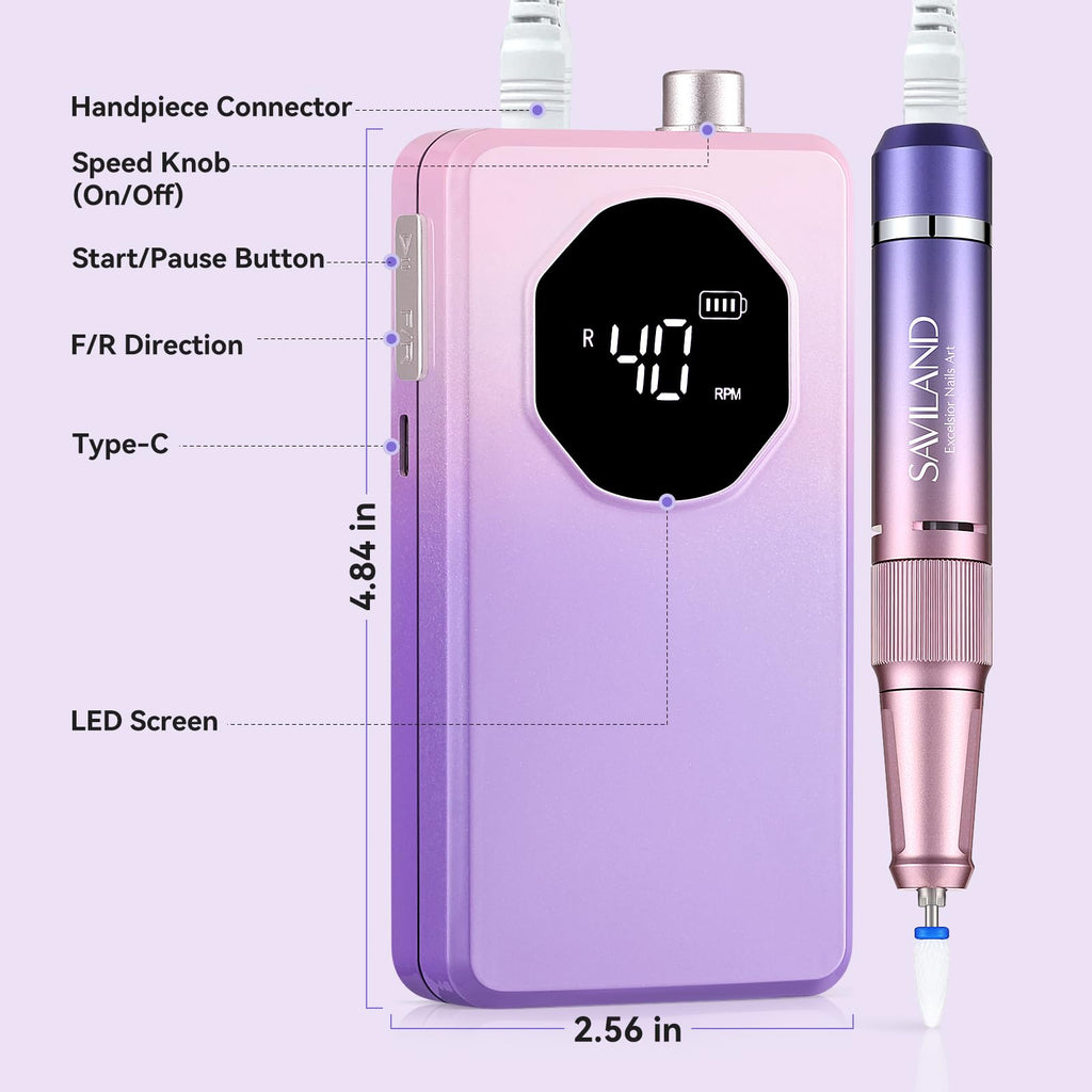 SAVILAND Nail Drill Professional 40000RPM 30S Fast Removal for Acrylic Nail | Low noise running, 4000mAh battery Long-Lasting, Complete drill bit set, Salon&mobile tech use, LCD display, Gradient Purple