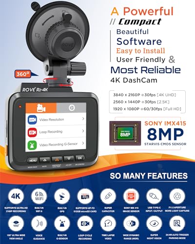 ROVE R2-4K Dash Cam, 4K UHD 2160P Car Camera, 8MP Sensor, WiFi 6 and GPS | Super Night Vision, 150° Wide Angle, 2.4in Screen, 24-Hr Parking Mode, Supports 512GB Max, Dash Camera for Cars Trucks