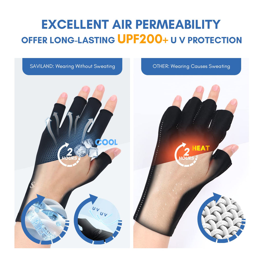 SAVILAND UPF200+ UV Gloves for Gel Manicures One Size Fit Most Black | Sun & UV Protection Anti UVA & UVB 999+, Fingerless Gloves, UV Light Gloves Prevent Hands from UV Harm