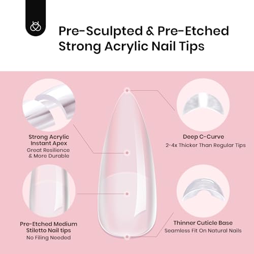 Beetles Tipex Instant Apex Nail Tips, Medium Stiletto 192pcs 16 Sizes 00-14 | No Builder Gel Needed, Etched-free Thicker Strong Acrylic Nails for DIY Salon-look Fake Nail Extensions