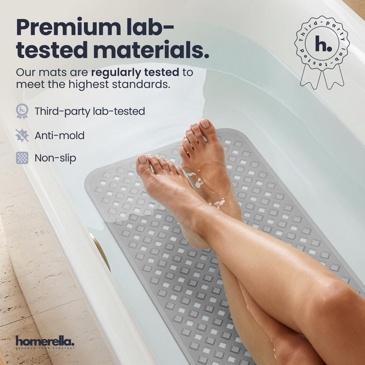 homerella Bathtub Mat Non Slip 35x16 Shower Mat Non Slip Anti Mold BPA Free | Mildew Resistant, Machine Washable, Extra Long Tub Mat, Shower Mats for Inside Shower, Bath Mat for Tub Non Slip EU Certified