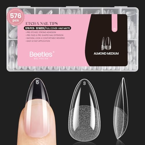 Beetles Medium Almond Nail Tips 576pcs 12 Sizes Pre-Etched Soft Gel Tips | Half Matte Full Cover Press on False Nail Tips Acrylic Nails DIY Extension Gift for Women