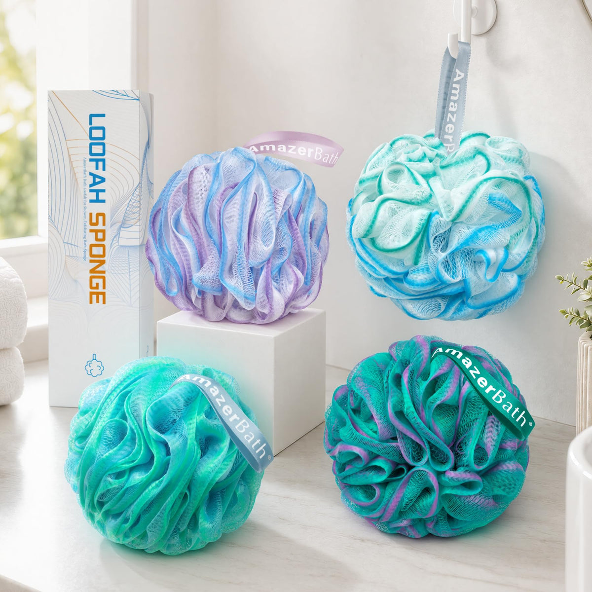 AmazerBath Loofah Sponge 75g/Piece, Exfoliating Bath Sponge Body Scrubber - Loofa Set of 4 Flower Color (Large, Green-Purple)
