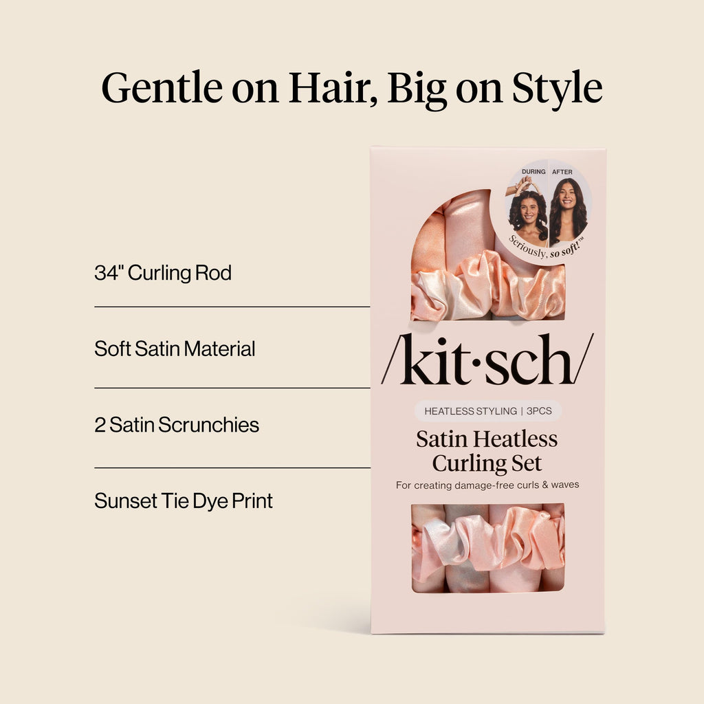 Kitsch Satin Heatless Curls Overnight Set - Sunset Tie Dye | No Heat Damage Overnight Curls | Comfortable Frizz Free Hair Curlers To Sleep In with 34" Hair Waver & 2 Satin Scrunchies